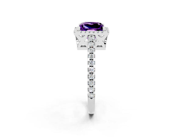 White gold Princess Cut Amethyst Halo Engagement Ring with Pavé Band and Prong Setting