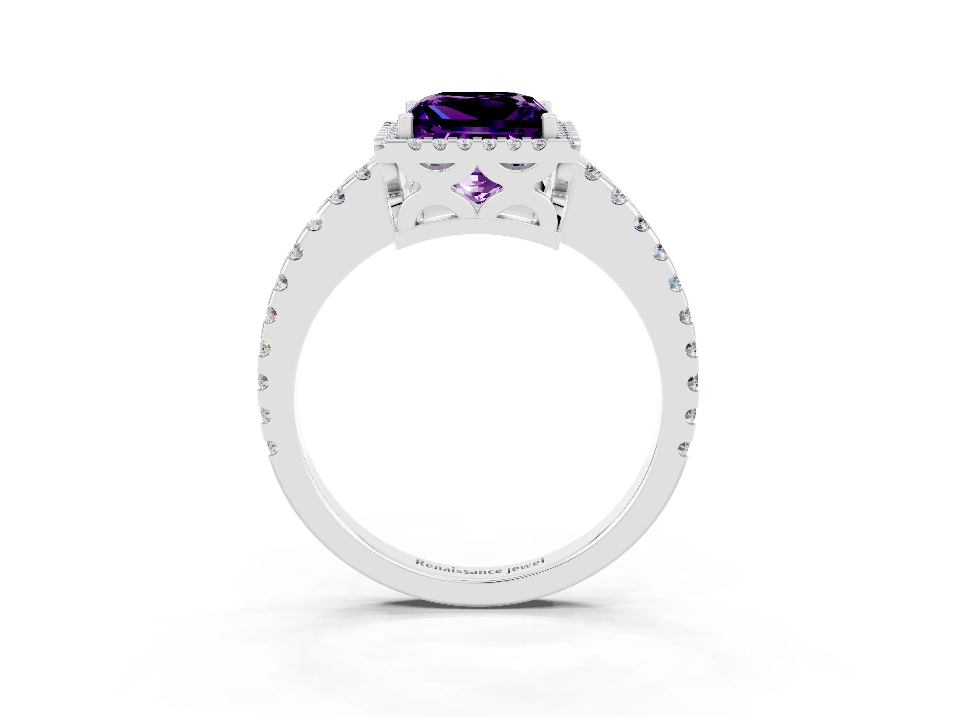 White gold Princess Cut Amethyst Halo Engagement Ring with Pavé Band and Prong Setting_15
