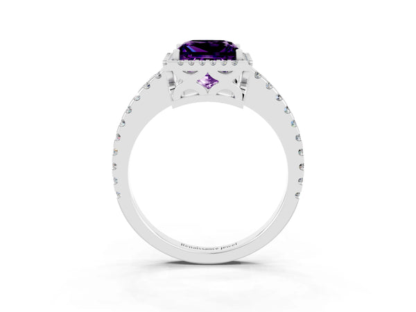 White gold Princess Cut Amethyst Halo Engagement Ring with Pavé Band and Prong Setting