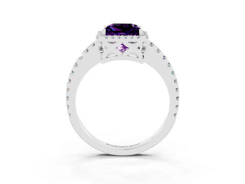 White gold Princess Cut Amethyst Halo Engagement Ring with Pavé Band and Prong Setting_15