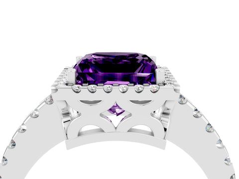 White gold Princess Cut Amethyst Halo Engagement Ring with Pavé Band and Prong Setting_16
