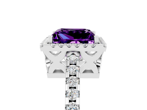 White gold Princess Cut Amethyst Halo Engagement Ring with Pavé Band and Prong Setting_17