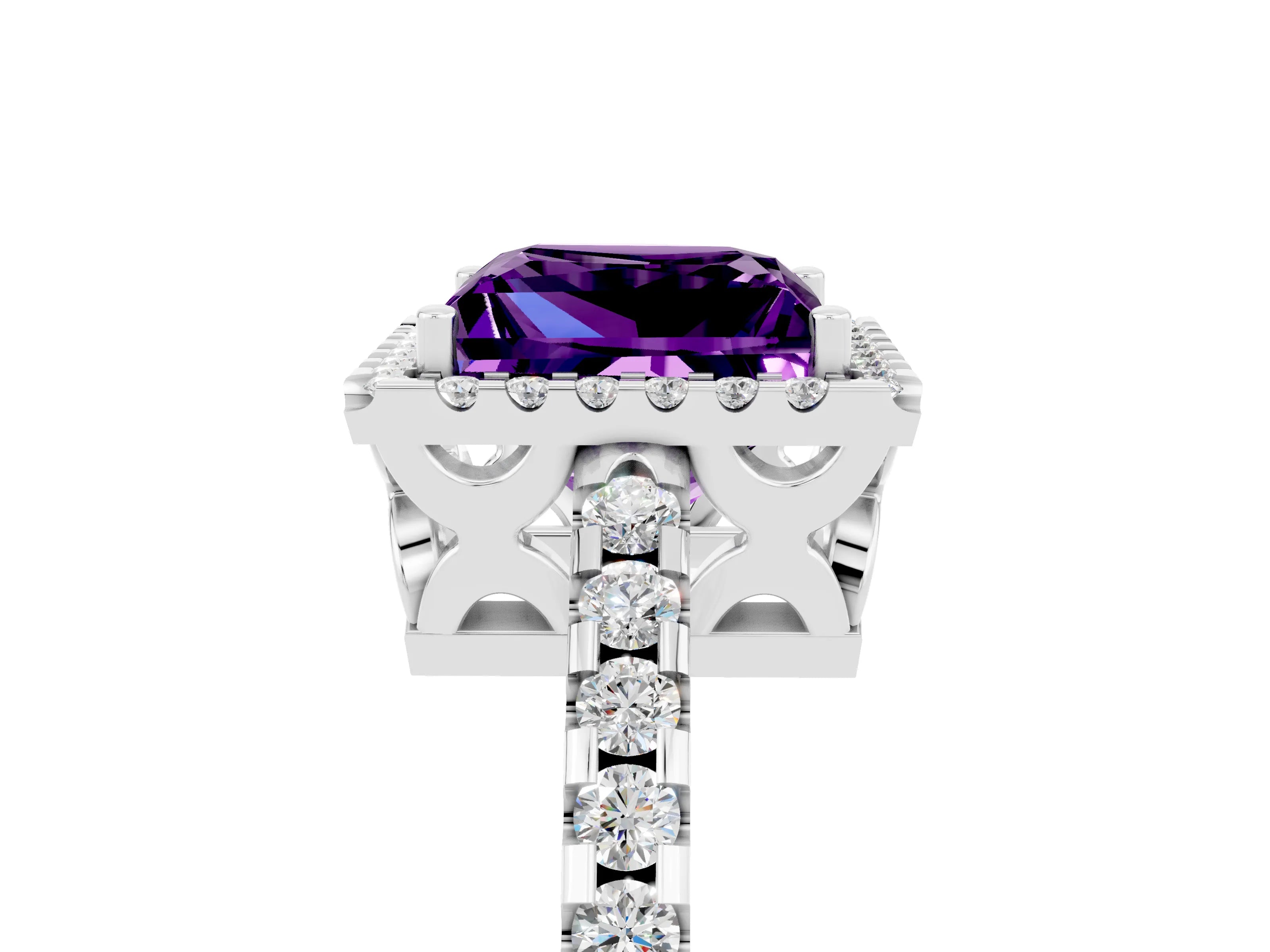 White gold Princess Cut Amethyst Halo Engagement Ring with Pavé Band and Prong Setting_17