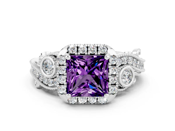 Platinum Princess Cut Amethyst Halo Ring with Milgrain Pavé Band and Four-Prong Setting