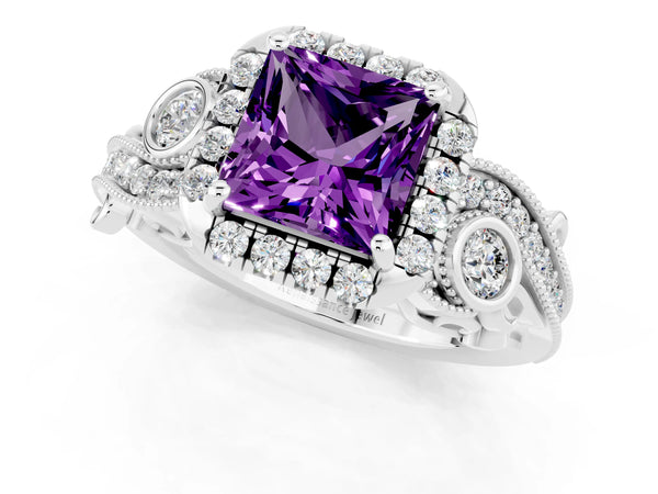 Silver Princess Cut Amethyst Halo Ring with Milgrain Pavé Band and Four-Prong Setting