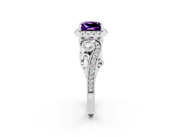 Platinum Princess Cut Amethyst Halo Ring with Milgrain Pavé Band and Four-Prong Setting