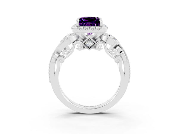 Platinum Princess Cut Amethyst Halo Ring with Milgrain Pavé Band and Four-Prong Setting