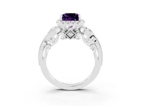 White gold Princess Cut Amethyst Halo Ring with Milgrain Pavé Band and Four-Prong Setting_15