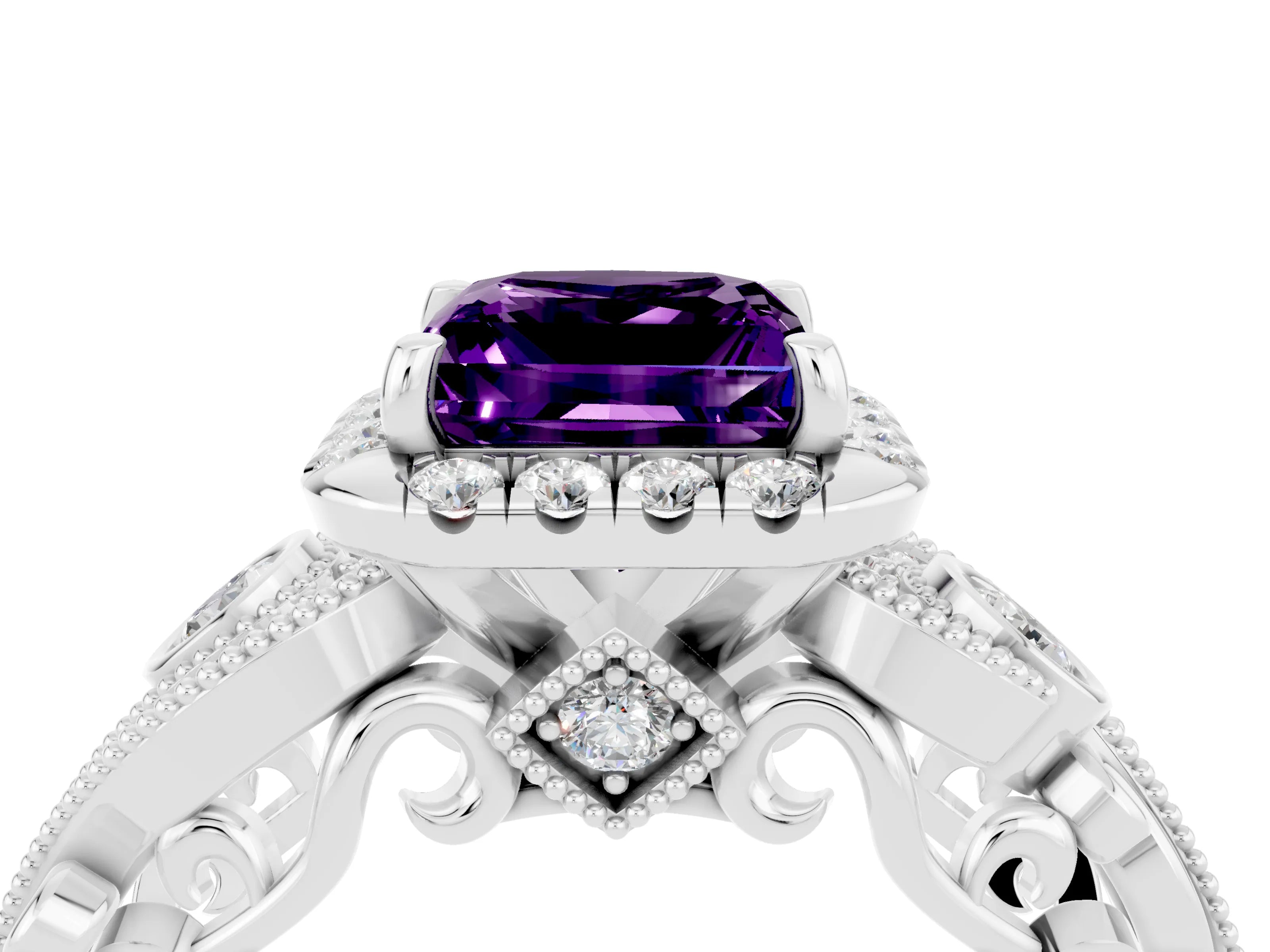 White gold Princess Cut Amethyst Halo Ring with Milgrain Pavé Band and Four-Prong Setting_16