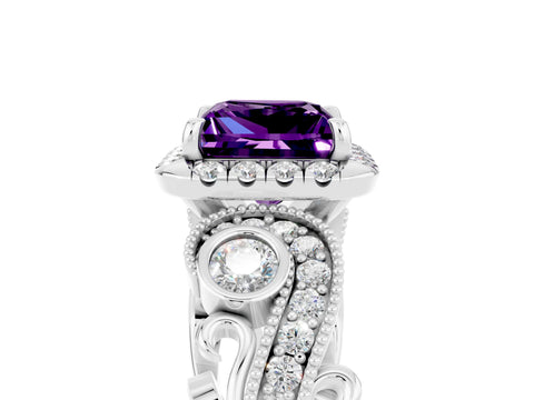 White gold Princess Cut Amethyst Halo Ring with Milgrain Pavé Band and Four-Prong Setting_17