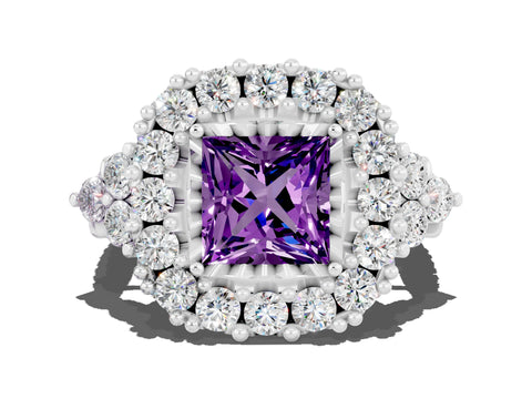 White gold Princess Cut Amethyst Halo Ring with Pavé Band and Four-Prong Setting_12