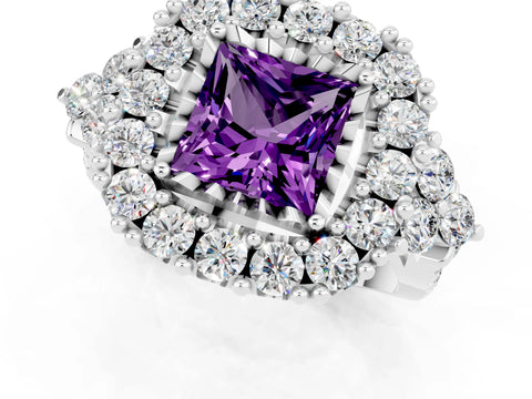 White gold Princess Cut Amethyst Halo Ring with Pavé Band and Four-Prong Setting_13