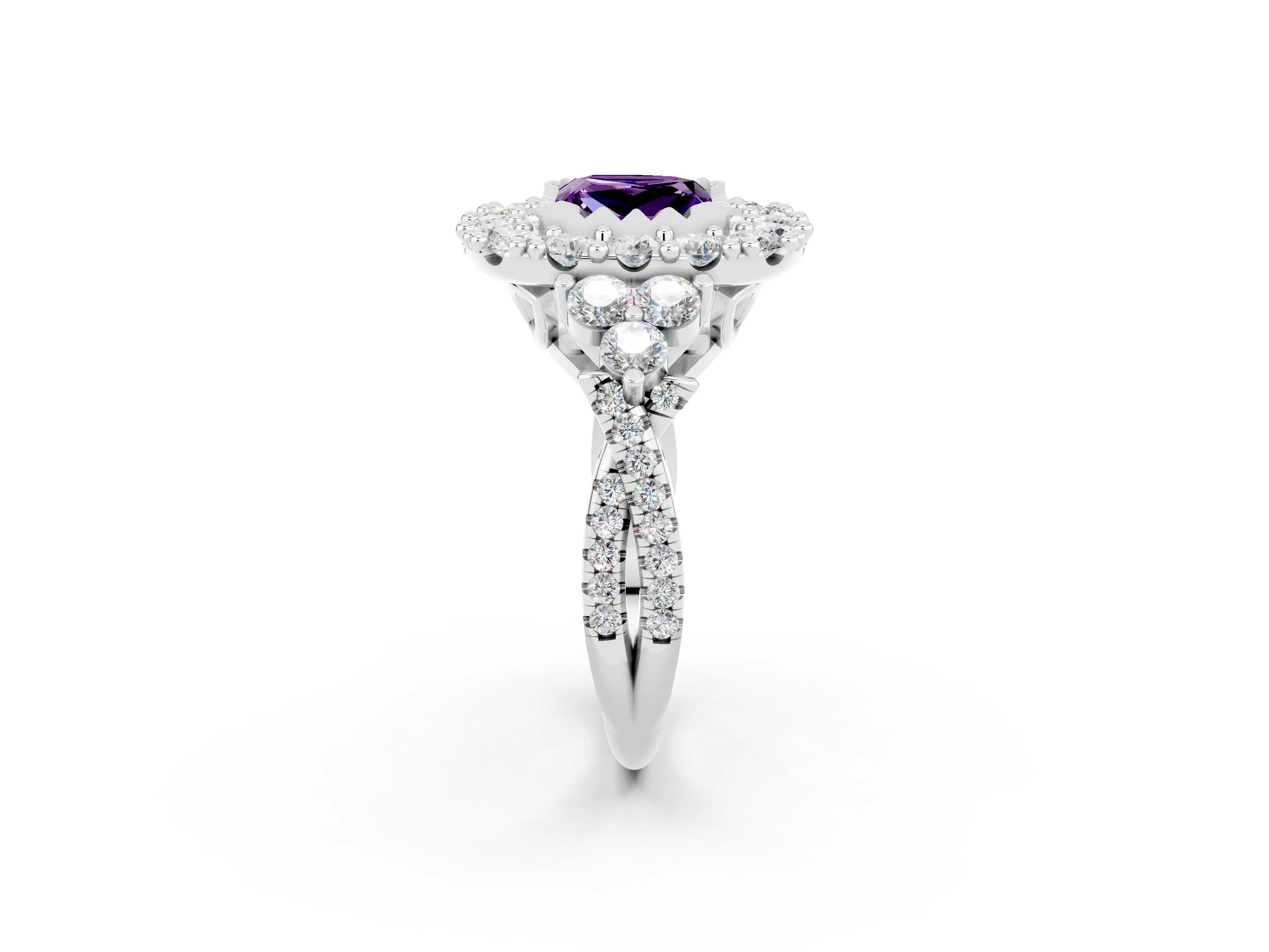 White gold Princess Cut Amethyst Halo Ring with Pavé Band and Four-Prong Setting_14
