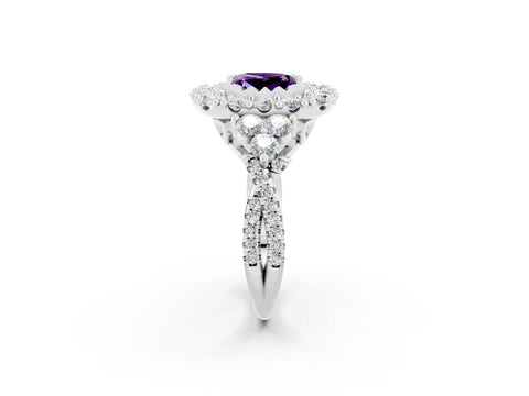 White gold Princess Cut Amethyst Halo Ring with Pavé Band and Four-Prong Setting_14