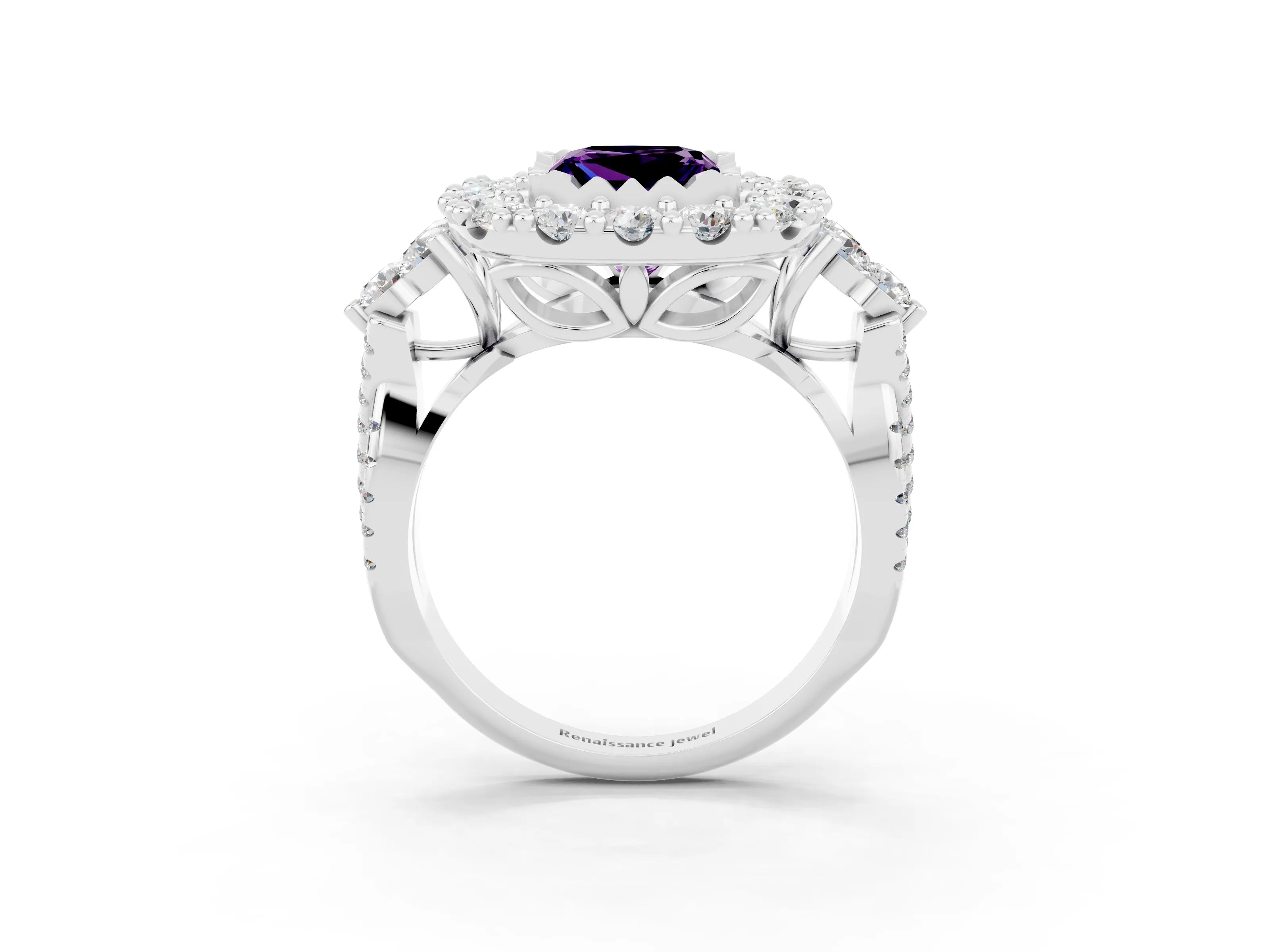 White gold Princess Cut Amethyst Halo Ring with Pavé Band and Four-Prong Setting_15