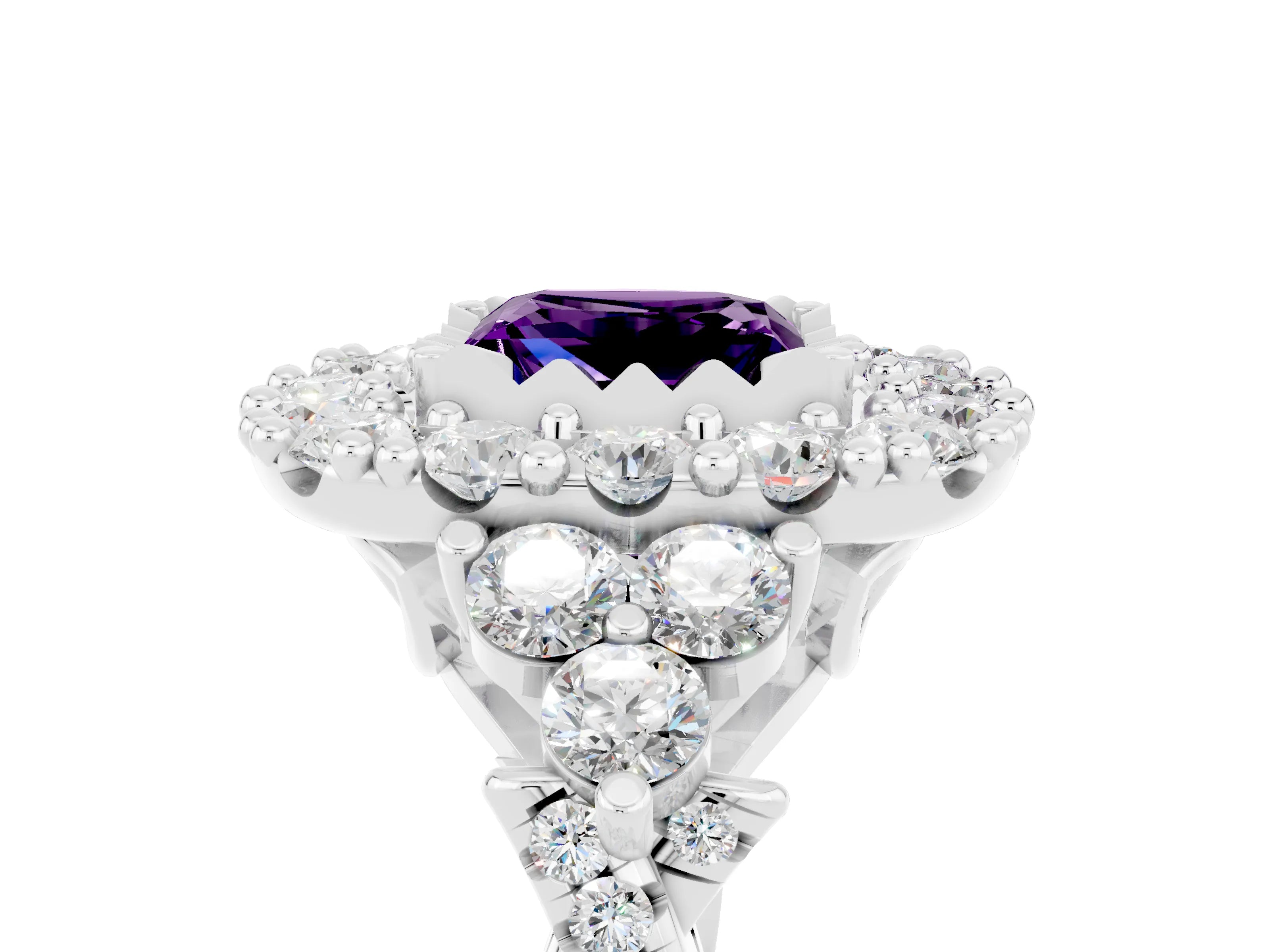 White gold Princess Cut Amethyst Halo Ring with Pavé Band and Four-Prong Setting_17