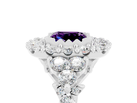 White gold Princess Cut Amethyst Halo Ring with Pavé Band and Four-Prong Setting_17