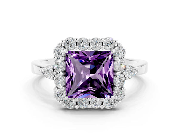 Silver Princess Cut Amethyst Halo Ring with Pear Side Stones and Prong Setting