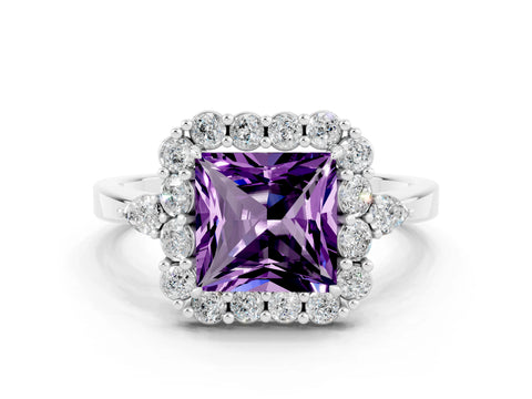 White gold Princess Cut Amethyst Halo Ring with Pear Side Stones and Prong Setting_24
