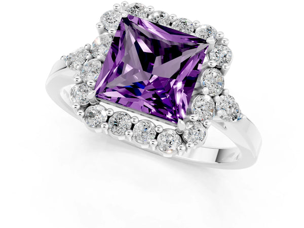 Platinum Princess Cut Amethyst Halo Ring with Pear Side Stones and Prong Setting