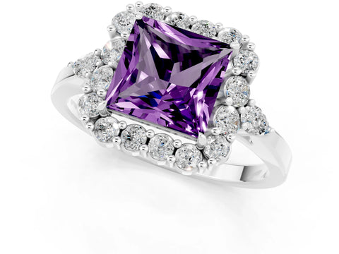 White gold Princess Cut Amethyst Halo Ring with Pear Side Stones and Prong Setting_25