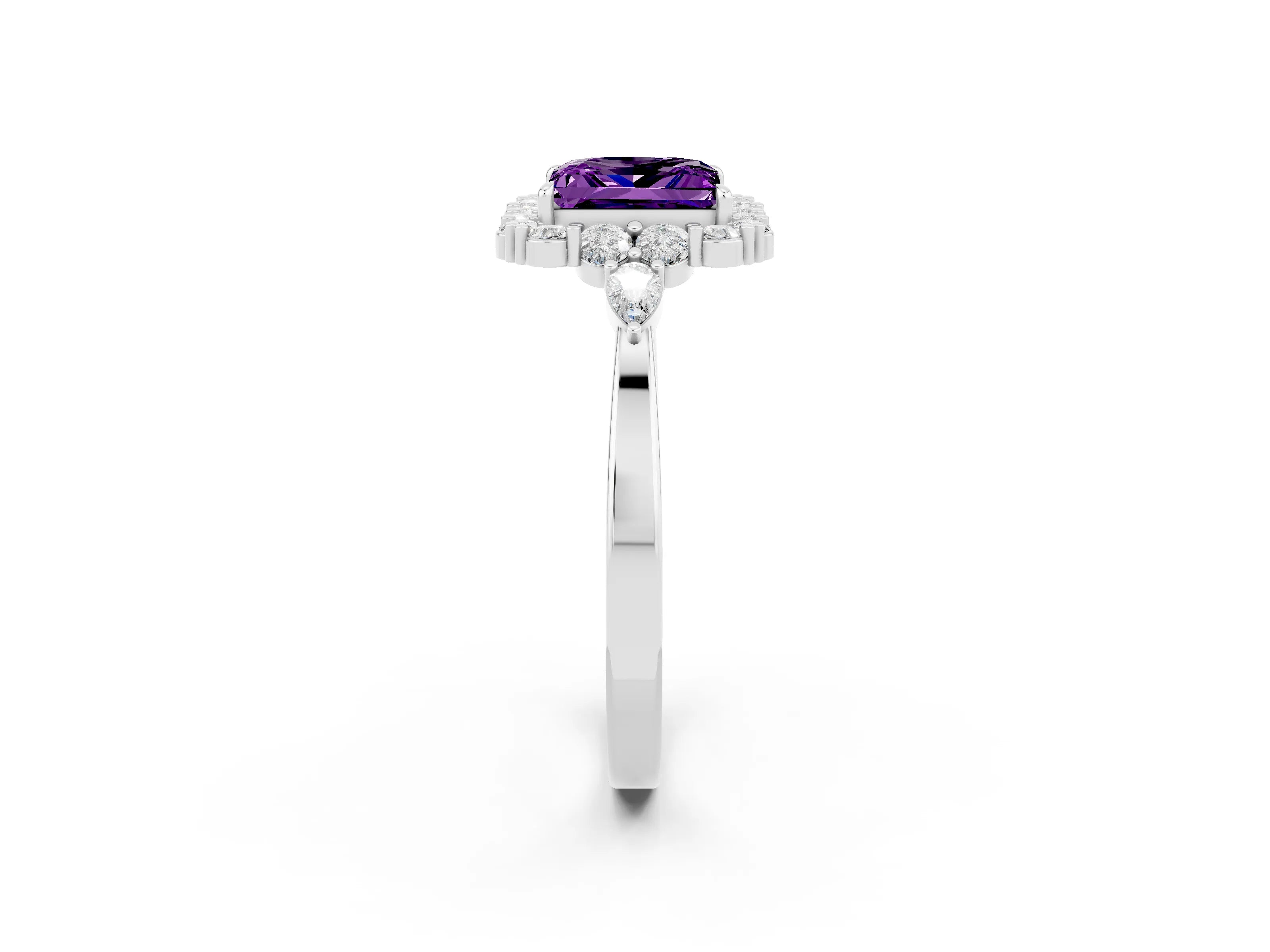 White gold Princess Cut Amethyst Halo Ring with Pear Side Stones and Prong Setting_26