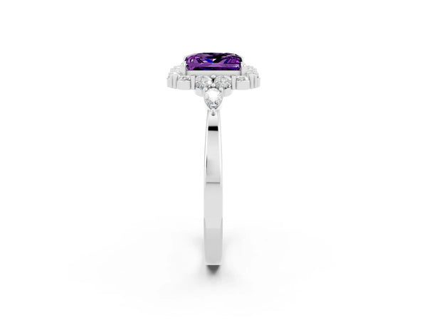 Platinum Princess Cut Amethyst Halo Ring with Pear Side Stones and Prong Setting