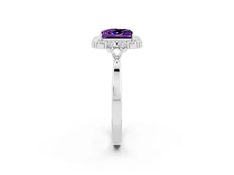 White gold Princess Cut Amethyst Halo Ring with Pear Side Stones and Prong Setting_26