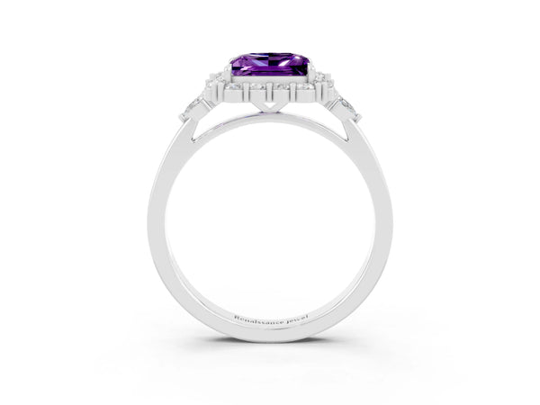 Platinum Princess Cut Amethyst Halo Ring with Pear Side Stones and Prong Setting