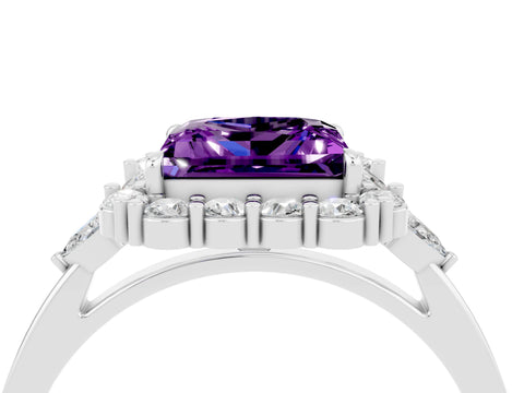 White gold Princess Cut Amethyst Halo Ring with Pear Side Stones and Prong Setting_28