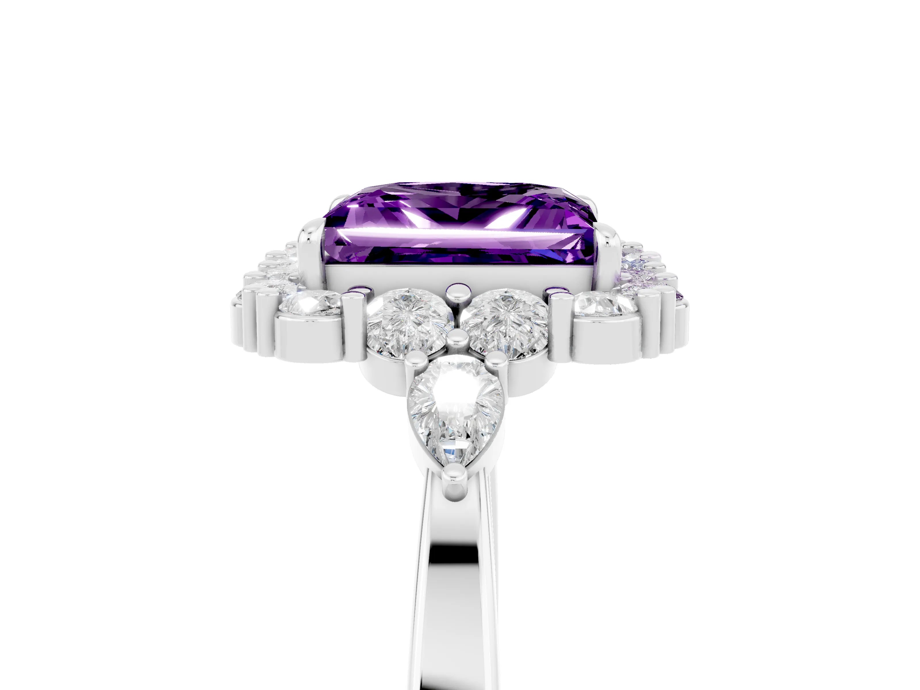 White gold Princess Cut Amethyst Halo Ring with Pear Side Stones and Prong Setting_29