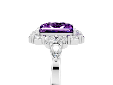 White gold Princess Cut Amethyst Halo Ring with Pear Side Stones and Prong Setting_29