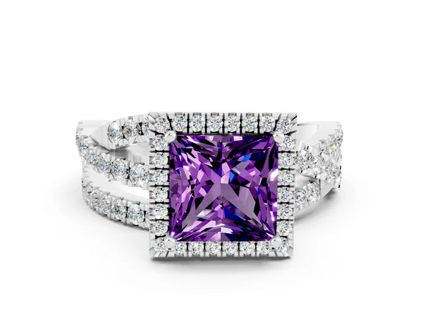Platinum Princess Cut Amethyst Halo Ring with Round Split Shank and Prong Setting