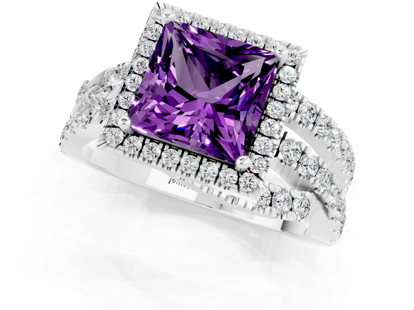 Platinum Princess Cut Amethyst Halo Ring with Round Split Shank and Prong Setting