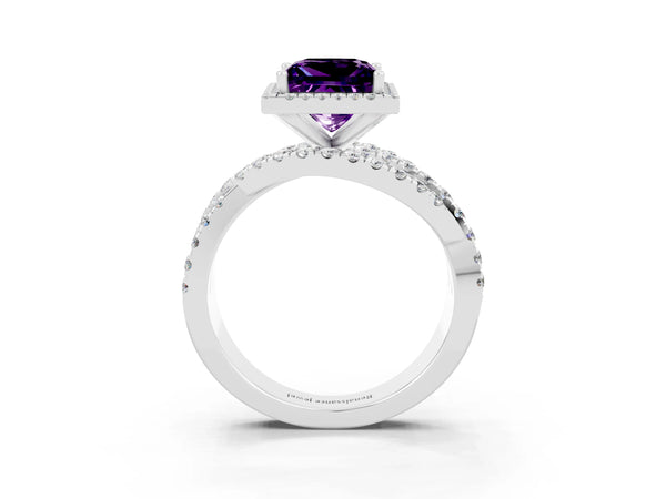 Platinum Princess Cut Amethyst Halo Ring with Round Split Shank and Prong Setting
