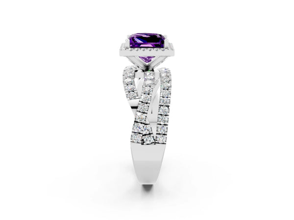 White gold Princess Cut Amethyst Halo Ring with Round Split Shank and Prong Setting