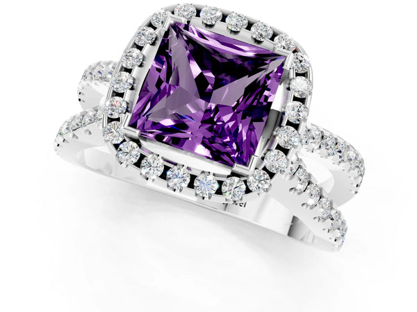 Platinum Princess Cut Amethyst Halo Ring with Split Shank Pavé Band and Prong Setting