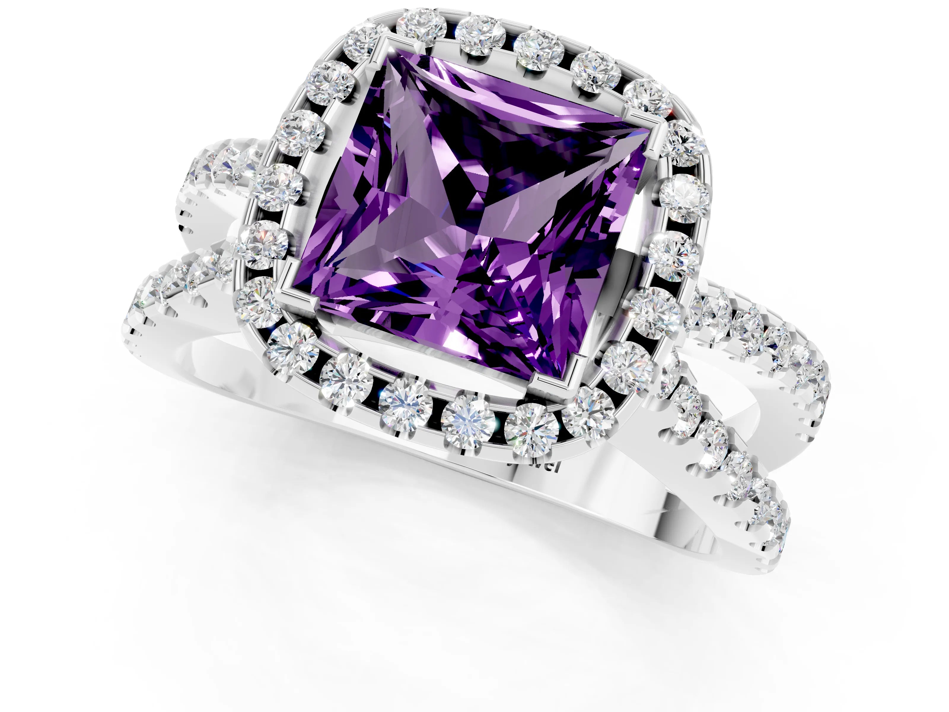White gold Princess Cut Amethyst Halo Ring with Split Shank Pavé Band and Prong Setting_1