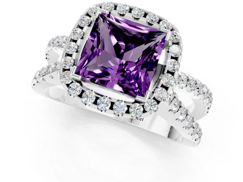 White gold Princess Cut Amethyst Halo Ring with Split Shank Pavé Band and Prong Setting_1