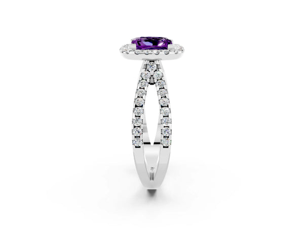 Platinum Princess Cut Amethyst Halo Ring with Split Shank Pavé Band and Prong Setting