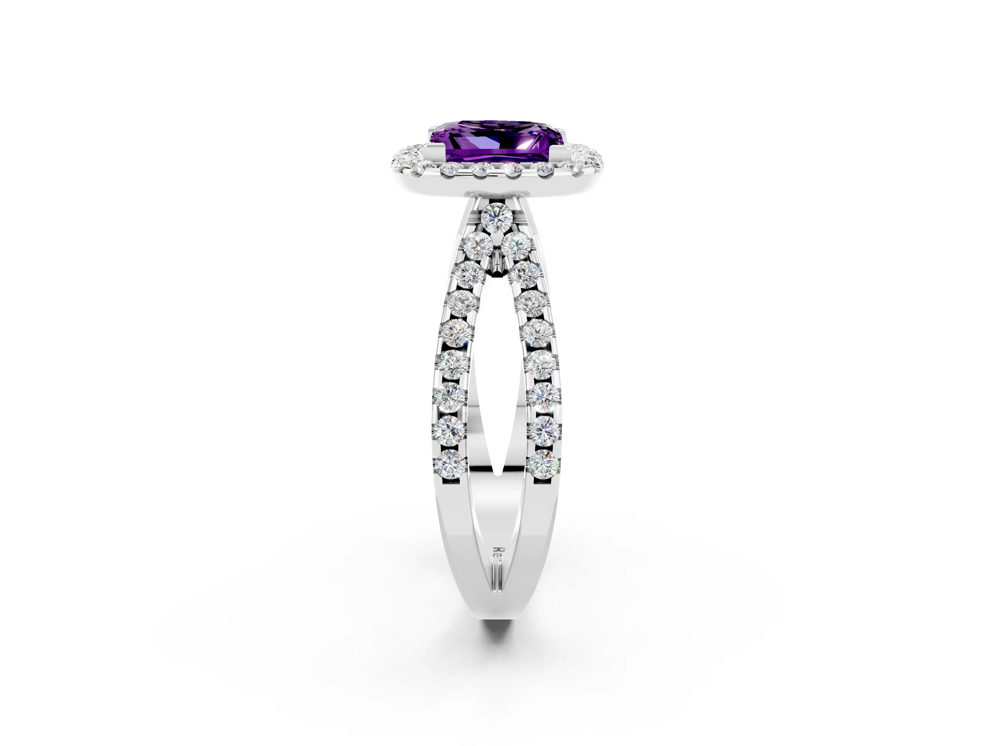 White gold Princess Cut Amethyst Halo Ring with Split Shank Pavé Band and Prong Setting_2