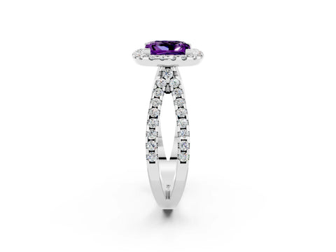 White gold Princess Cut Amethyst Halo Ring with Split Shank Pavé Band and Prong Setting_2