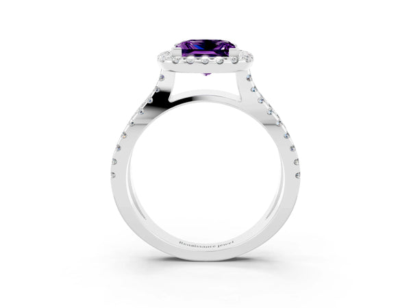 Platinum Princess Cut Amethyst Halo Ring with Split Shank Pavé Band and Prong Setting