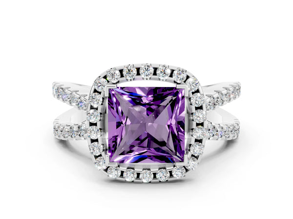 Silver Princess Cut Amethyst Halo Ring with Split Shank Pavé Band and Prong Setting