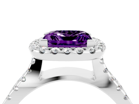 White gold Princess Cut Amethyst Halo Ring with Split Shank Pavé Band and Prong Setting_4
