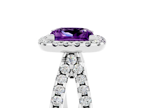 White gold Princess Cut Amethyst Halo Ring with Split Shank Pavé Band and Prong Setting_5