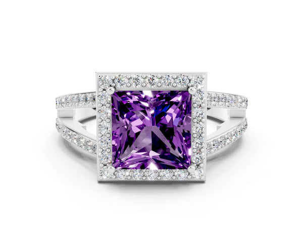 Platinum Princess Cut Amethyst Halo Ring with Split Shank U-Prong Band and Four-Prong Setting