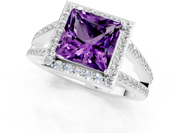 White gold Princess Cut Amethyst Halo Ring with Split Shank U-Prong Band and Four-Prong Setting