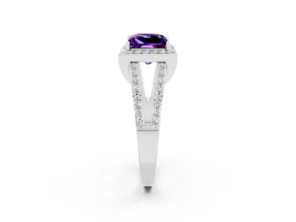Silver Princess Cut Amethyst Halo Ring with Split Shank U-Prong Band and Four-Prong Setting