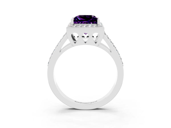 Silver Princess Cut Amethyst Halo Ring with Split Shank U-Prong Band and Four-Prong Setting